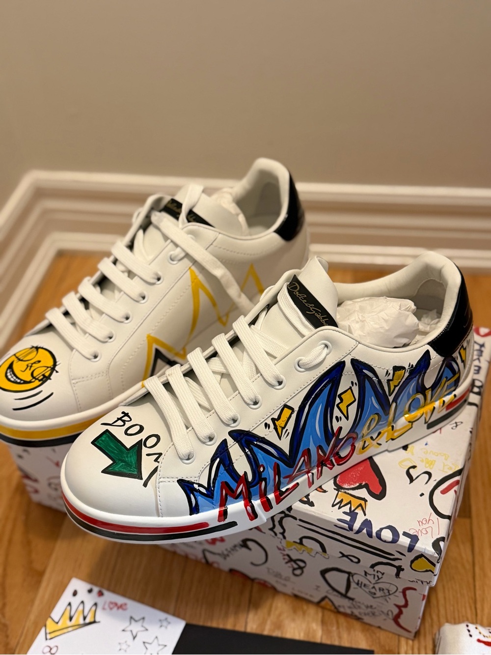Dolce & Gabbana White Leather Sneakers with Yellow and Red Graffiti